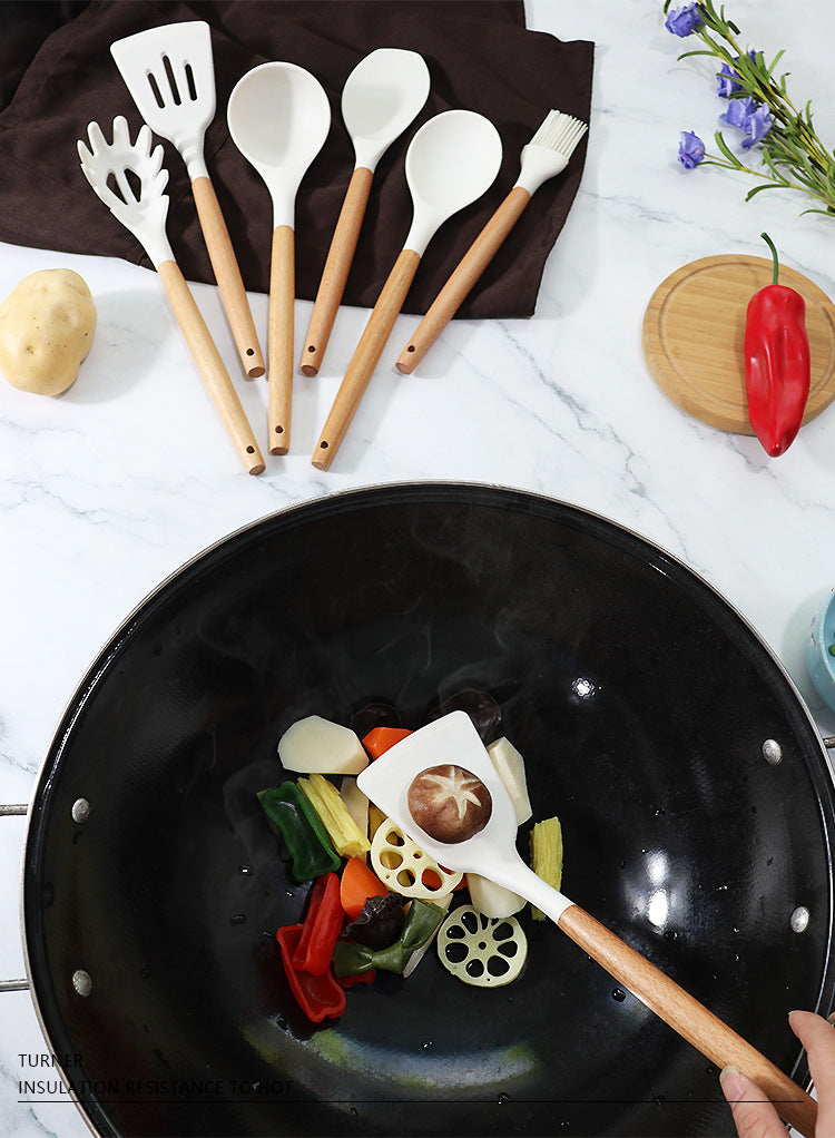 Black 11-Piece Silicone Kitchen Utensil Set with Wooden Handles and Storage Bucket - Heat Resistant and Non-Stick - Image 8