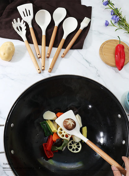 White 11-Piece Silicone Kitchen Utensil Set with Wooden Handles and Storage Bucket - Heat Resistant and Non-Stick - Image 8
