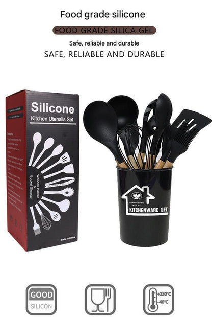 Dark Green 11-Piece Silicone Kitchen Utensil Set with Wooden Handles and Storage Bucket - Heat Resistant and Non-Stick - Image 6