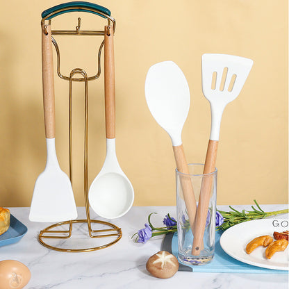 Light Green 11-Piece Silicone Kitchen Utensil Set with Wooden Handles and Storage Bucket - Heat Resistant and Non-Stick - Image 3