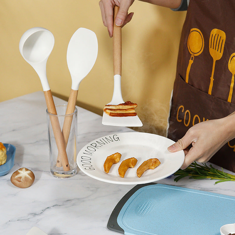 Light Green 11-Piece Silicone Kitchen Utensil Set with Wooden Handles and Storage Bucket - Heat Resistant and Non-Stick - Image 4