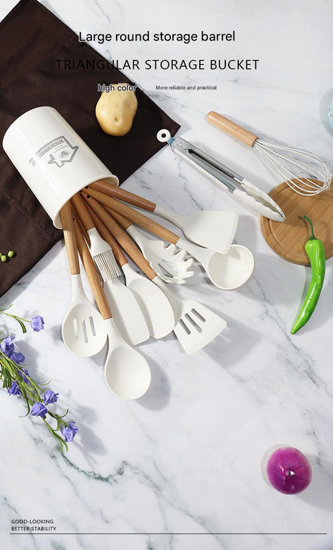 Light Green 11-Piece Silicone Kitchen Utensil Set with Wooden Handles and Storage Bucket - Heat Resistant and Non-Stick - Image 7