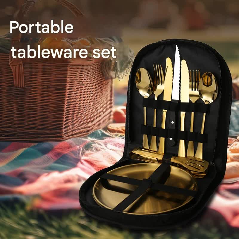 6-Piece Portable Stainless Steel Cutlery Set with Plate and Bag - Gold, Great for Camping and Travel (Teaspoon) - Image 2