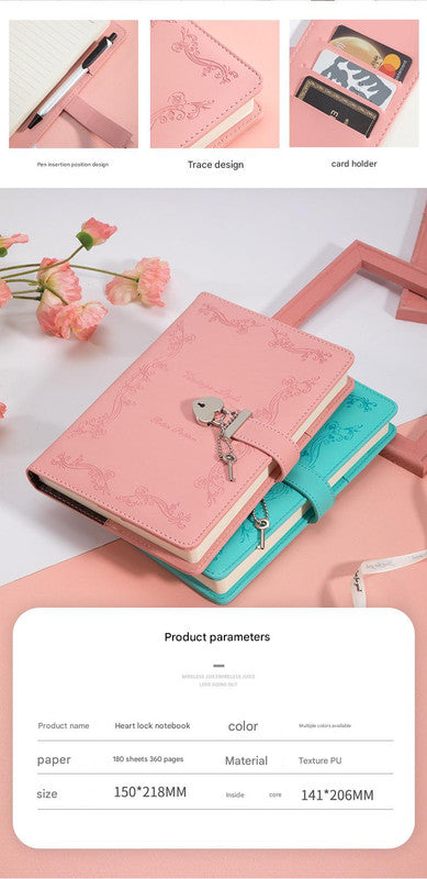 Heart Lock Diary with Key - Vintage Style Journal, Black PU Leather, Secure and Elegant - Image 6