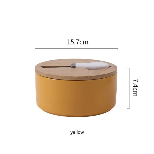 Yellow Nordic Ceramic Butter Dish with Knife - Airtight Cheese Container with Bamboo Lid, Kitchen Storage
