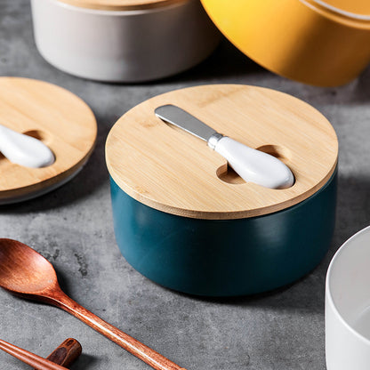 Yellow Nordic Ceramic Butter Dish with Knife - Airtight Cheese Container with Bamboo Lid, Kitchen Storage - Image 4