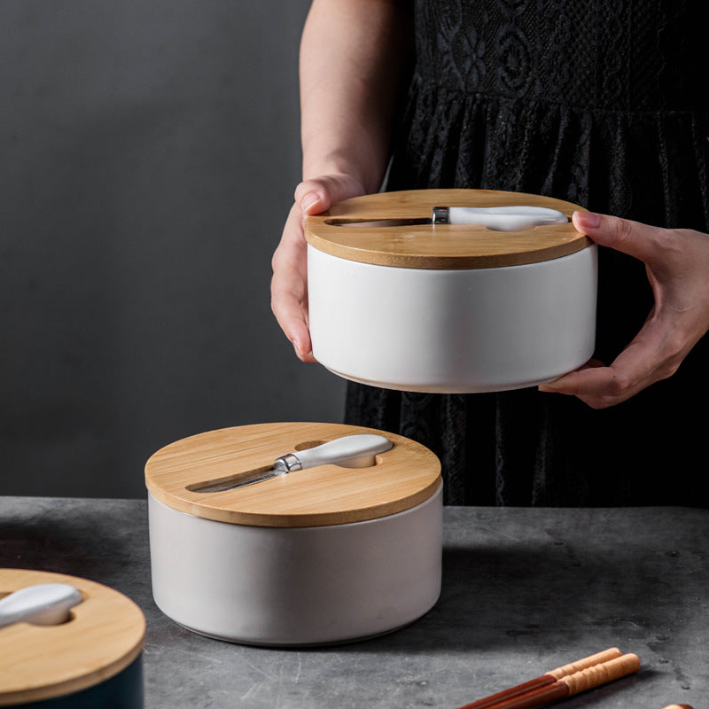Green Nordic Ceramic Butter Dish with Knife - Airtight Cheese Container with Bamboo Lid, Kitchen Storage - Image 2