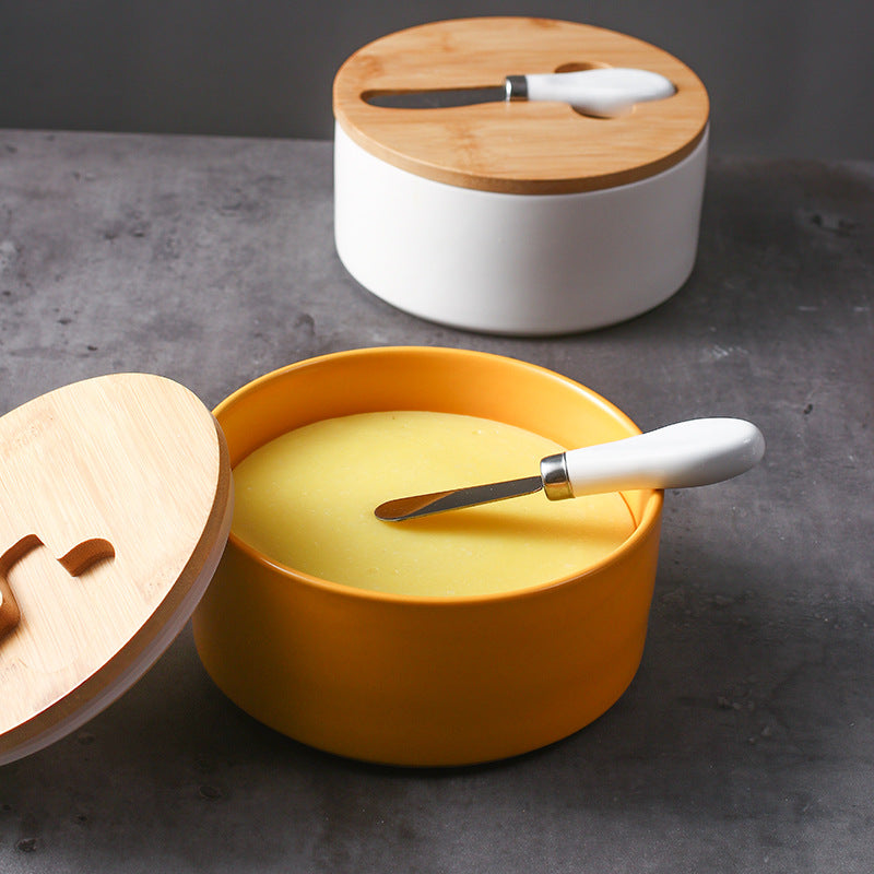 Green Nordic Ceramic Butter Dish with Knife - Airtight Cheese Container with Bamboo Lid, Kitchen Storage - Image 5