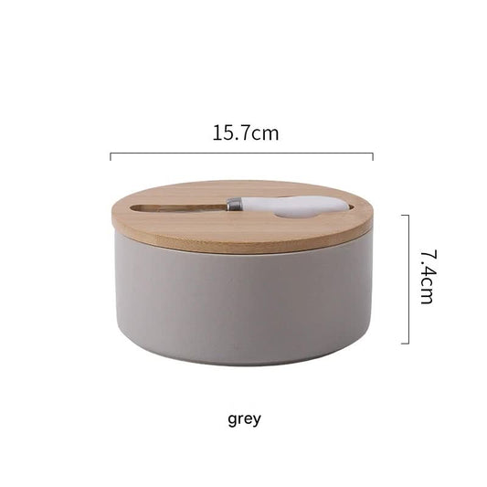 Gray Nordic Ceramic Butter Dish with Knife - Airtight Cheese Container with Bamboo Lid, Kitchen Storage