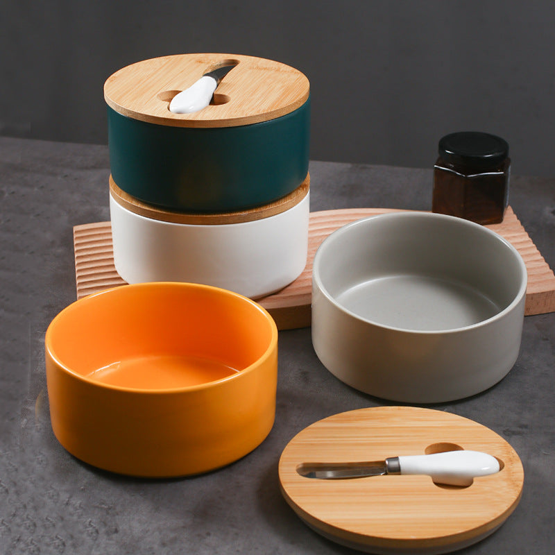 Gray Nordic Ceramic Butter Dish with Knife - Airtight Cheese Container with Bamboo Lid, Kitchen Storage - Image 3