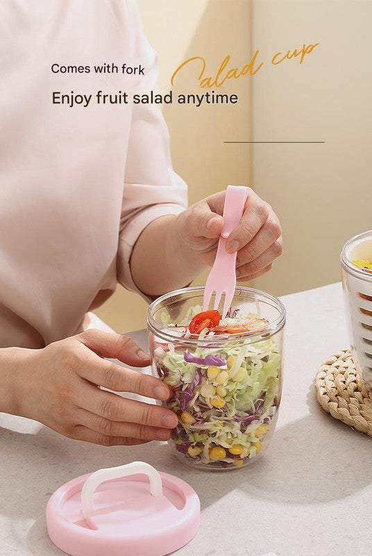 Pink Double Layer Salad Cup with Fork - Leak-proof Fruit Container, Drain Design, Portable Oatmeal and Picnic Jar - Image 2