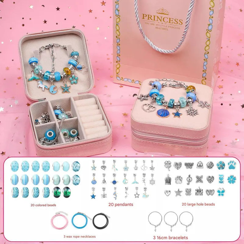 Blue Kids DIY Beaded Bracelet Set - Creative Jewelry Making Kit with Princess Gift Box and Display Stand