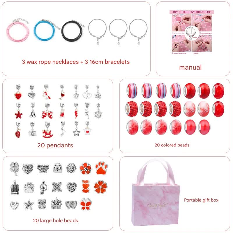 Unicorn DIY Beaded Bracelet Kit for Kids - Red Crystal Beads and Charms Jewelry Set with Gift Box