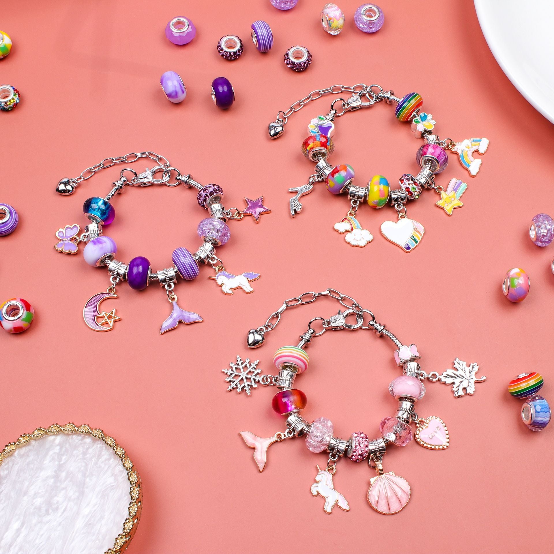 Unicorn DIY Beaded Bracelet Kit for Kids - Red Crystal Beads and Charms Jewelry Set with Gift Box - Image 3