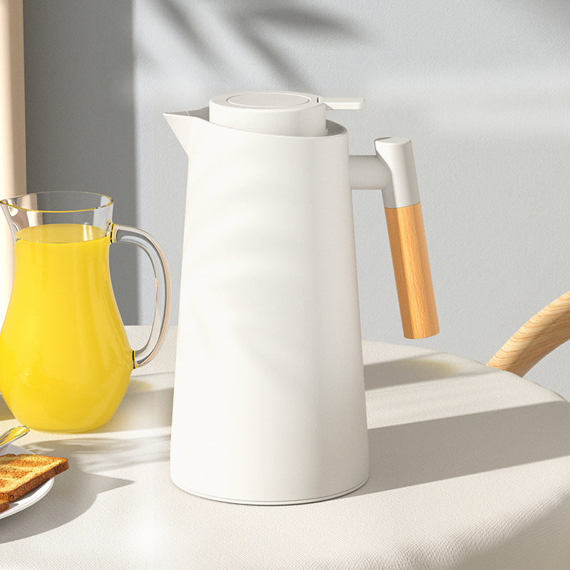 1000ml White thermos bottle with wooden handle, double-layer glass liner coffee pot, suitable for hot and cold drinks