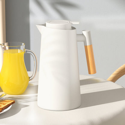 1000ml White thermos bottle with wooden handle, double-layer glass liner coffee pot, suitable for hot and cold drinks