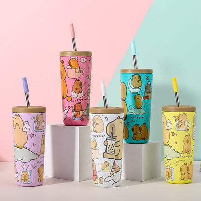 304 Stainless Steel Insulated Tumbler,Cartoon Design Portable Straw Cup for Home and Office(yellow) - Image 2