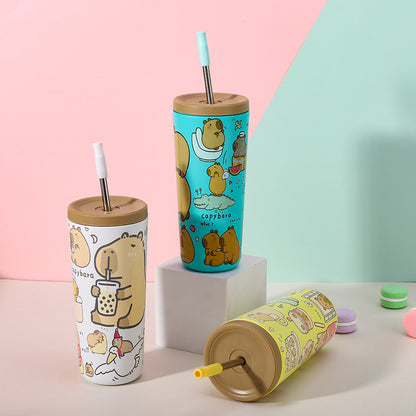 304 Stainless Steel Insulated Tumbler,Cartoon Design Portable Straw Cup for Home and Office(yellow) - Image 3