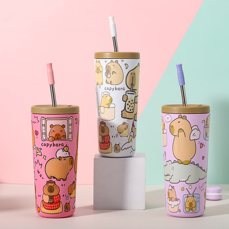 304 Stainless Steel Insulated Tumbler,Cartoon Design Portable Straw Cup for Home and Office(yellow) - Image 4