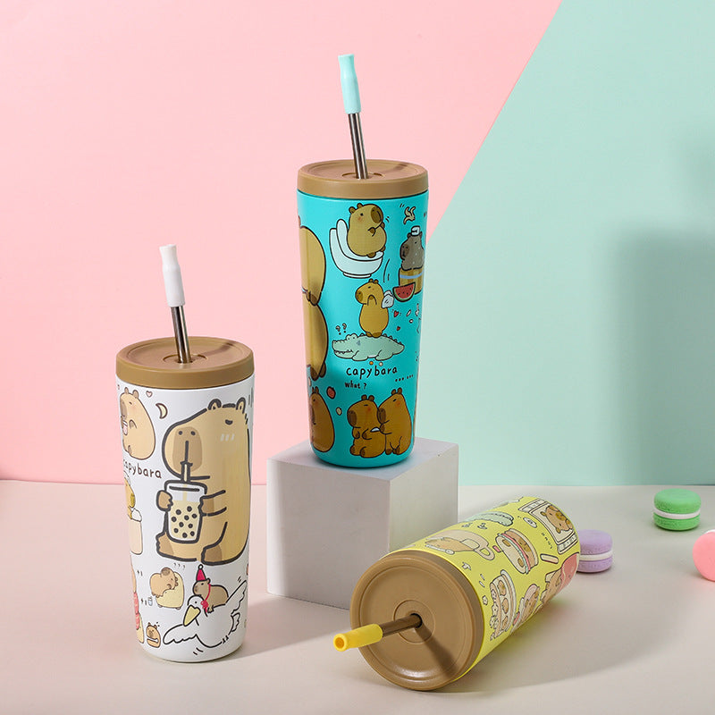 304 Stainless Steel Insulated Tumbler,Cartoon Design Portable Straw Cup for Home and Office(Lake blue) - Image 3