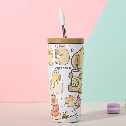 304 Stainless Steel Insulated Tumbler,Cartoon Design Portable Straw Cup for Home and Office(Light white)