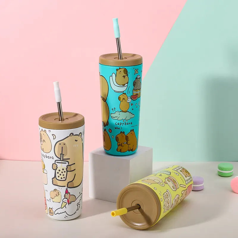 304 Stainless Steel Insulated Tumbler,Cartoon Design Portable Straw Cup for Home and Office(Light white) - Image 3