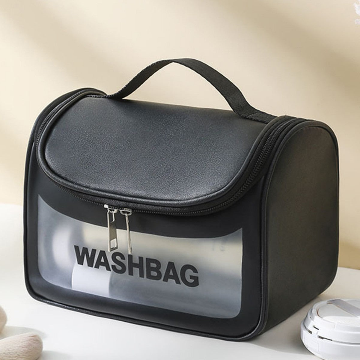 PVC Transparent Cosmetic Bag,Waterproof Portable Travel Organizer with Handle(Black)