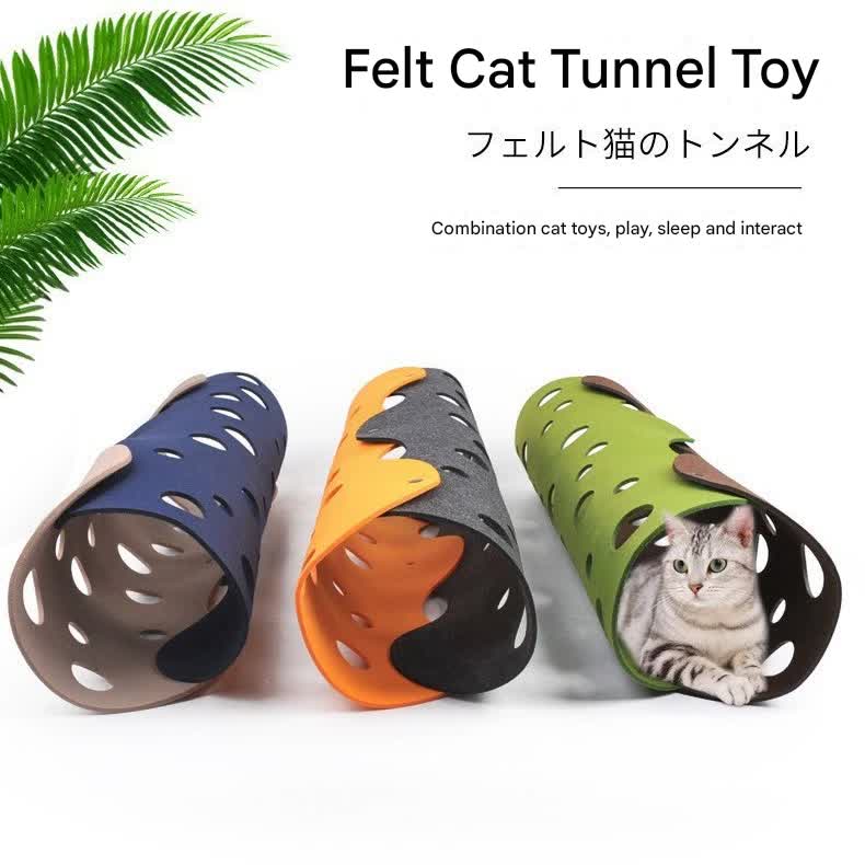 DIY Felt Cat Tunnel - Foldable Egg Roll-Shaped Pet Toy with Multiple Holes(Brown+Yellow) - Image 2