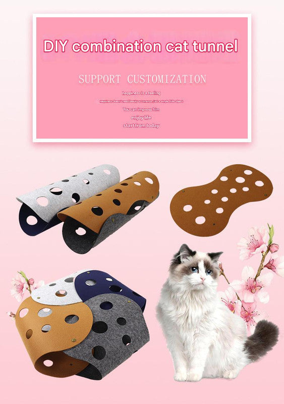 DIY Felt Cat Tunnel - Foldable Egg Roll-Shaped Pet Toy with Multiple Holes(Yellow + Royal Blue) - Image 4
