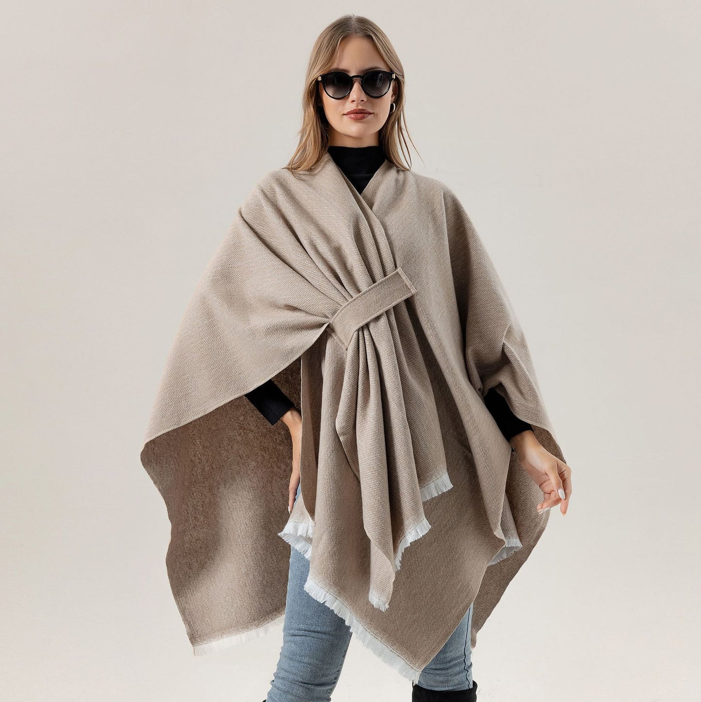 Solid Knit Poncho Shawl,Warm Fall/Winter Cape with Slit and Crossbar Design(Black) - Image 3