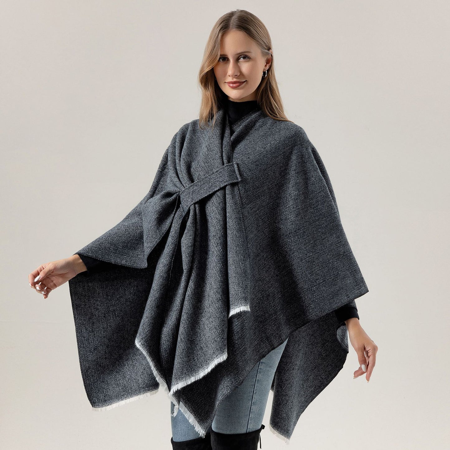 Solid Knit Poncho Shawl,Warm Fall/Winter Cape with Slit and Crossbar Design(Navy blue) - Image 2
