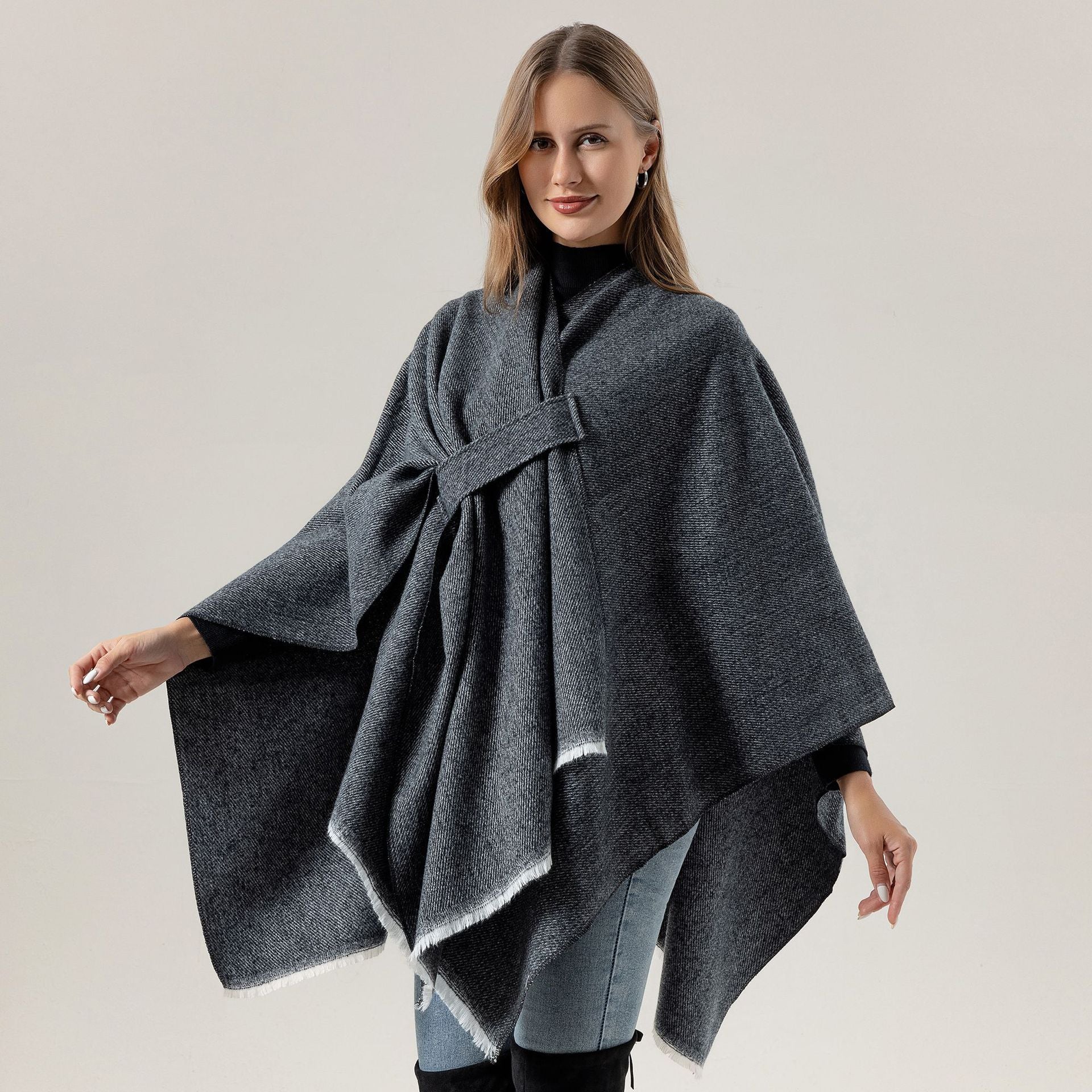 Solid Knit Poncho Shawl,Warm Fall/Winter Cape with Slit and Crossbar Design(Blue) - Image 2