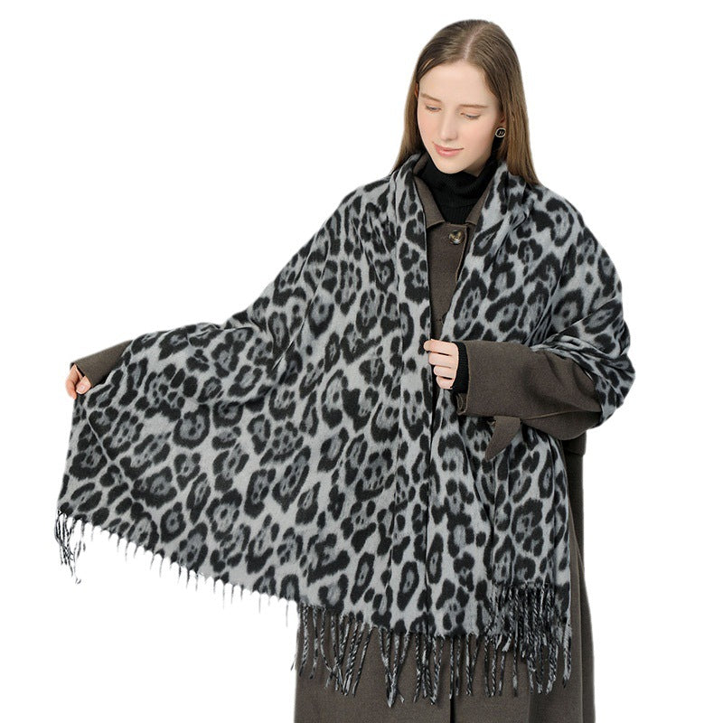 Stylish Animal Print Scarf - Warm Fall/Winter Shawl with Tassels, Imitation Cashmere(Gray) - Image 6