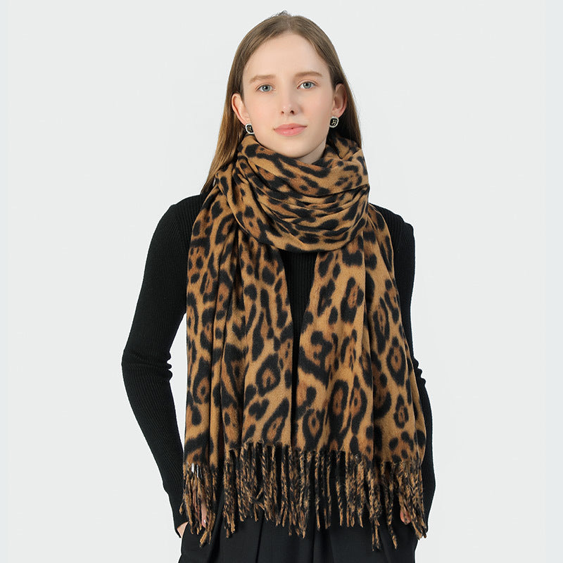 Stylish Animal Print Scarf - Warm Fall/Winter Shawl with Tassels, Imitation Cashmere(Gray-brown) - Image 3