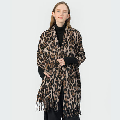 Stylish Animal Print Scarf - Warm Fall/Winter Shawl with Tassels, Imitation Cashmere(Gray-brown) - Image 4