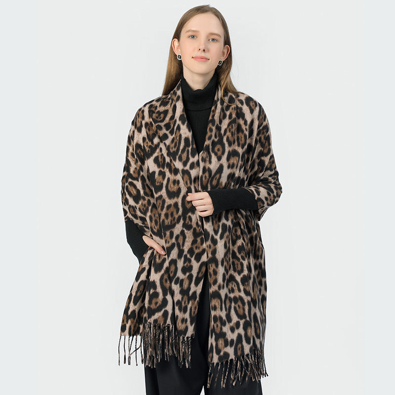 Stylish Animal Print Scarf - Warm Fall/Winter Shawl with Tassels, Imitation Cashmere(Wine red) - Image 4