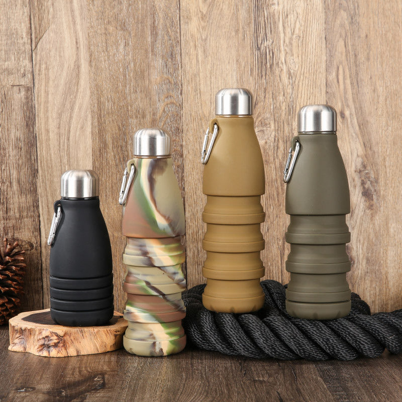 Gray Collapsible Silicone Water Bottle - Portable Sports Hydration Flask with Carabiner, 550ml/300ml - Image 2