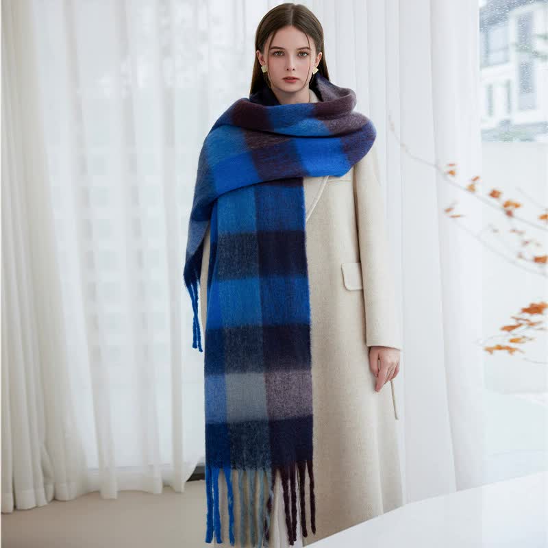 Winter Luxe Warm Oversized Scarf-Cozy Thick Plaid Wrap, European Chic Style(Powder blue plaid) - Image 2