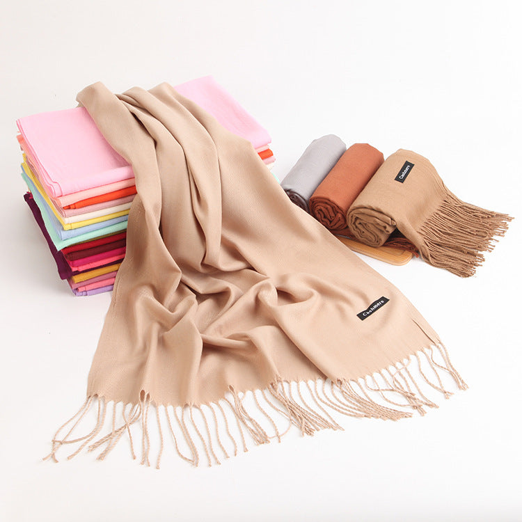 2pc Luxe Soft Imitation Cashmere Scarf - Warm Solid Tone Shawl with Elegant Fringe(Light white) - Image 4