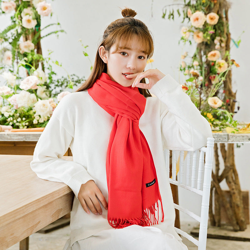2pc Luxe Soft Imitation Cashmere Scarf - Warm Solid Tone Shawl with Elegant Fringe(Red Bean Paste Powder) - Image 2