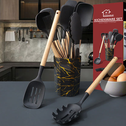 Black 12-Piece Silicone Cooking Utensil Set - Non-Stick Food-Grade Kitchen Tools with Holder - Image 3