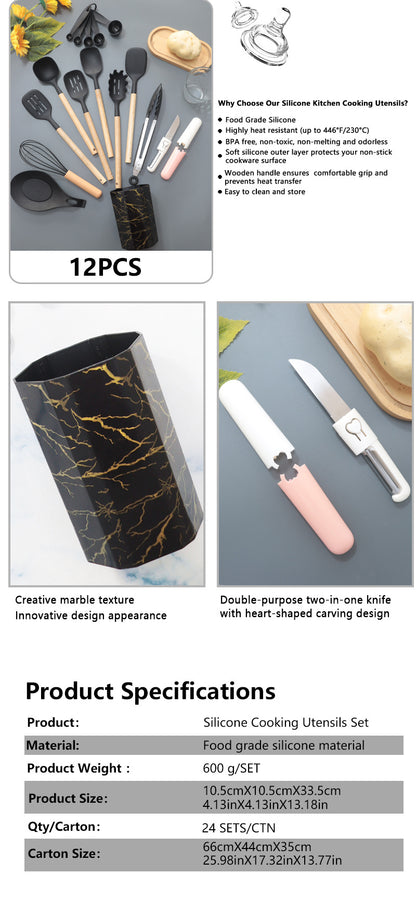 Black 12-Piece Silicone Cooking Utensil Set - Non-Stick Food-Grade Kitchen Tools with Holder - Image 6