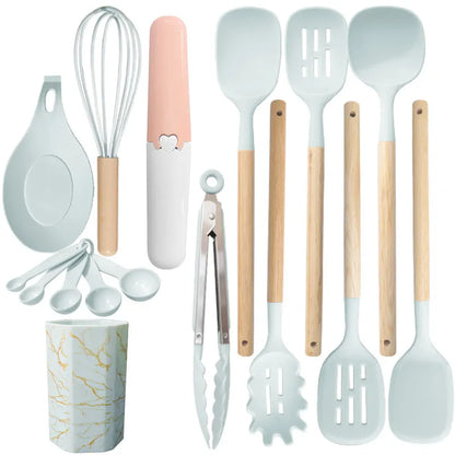 Morandi Green 12-Piece Silicone Cooking Utensil Set - Non-Stick Food-Grade Kitchen Tools with Holder