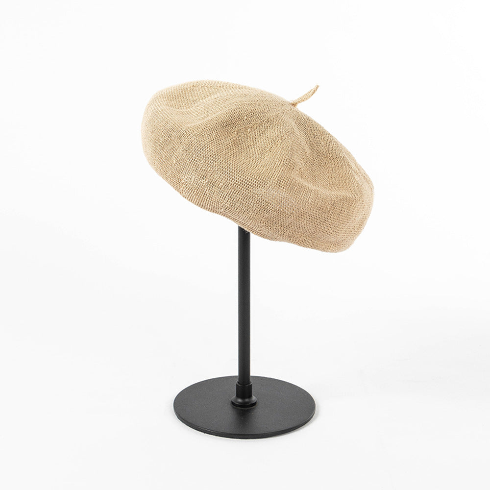 Beige green Linen Knit Beret - Classic Soft and Stylish Headwear