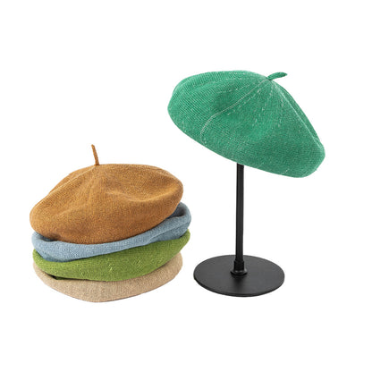 Beige green Linen Knit Beret - Classic Soft and Stylish Headwear - Image 4
