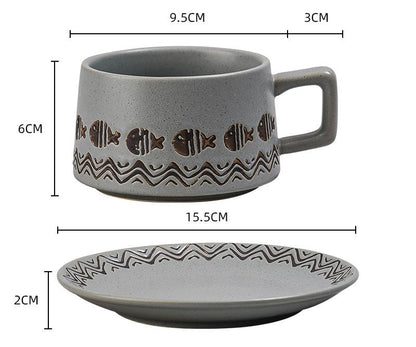 Vintage Ceramic Coffee Cup and Saucer Set - Elegant Afternoon Tea Set(Wave Fish Gray)