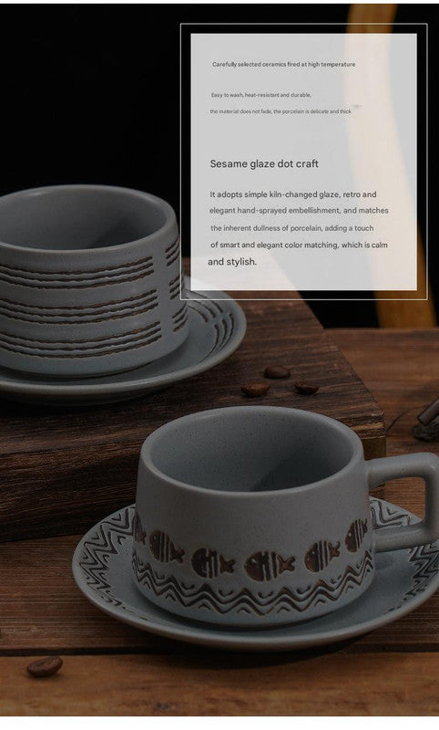 Vintage Ceramic Coffee Cup and Saucer Set - Elegant Afternoon Tea Set(Wave Fish Gray) - Image 4