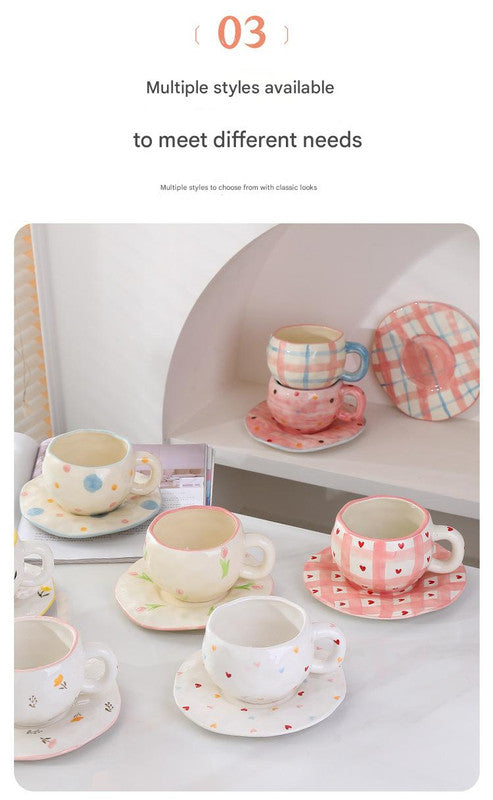 Hand-Painted Ceramic Coffee Cup and Saucer Set - Vintage Afternoon Tea(Red small florals) - Image 4