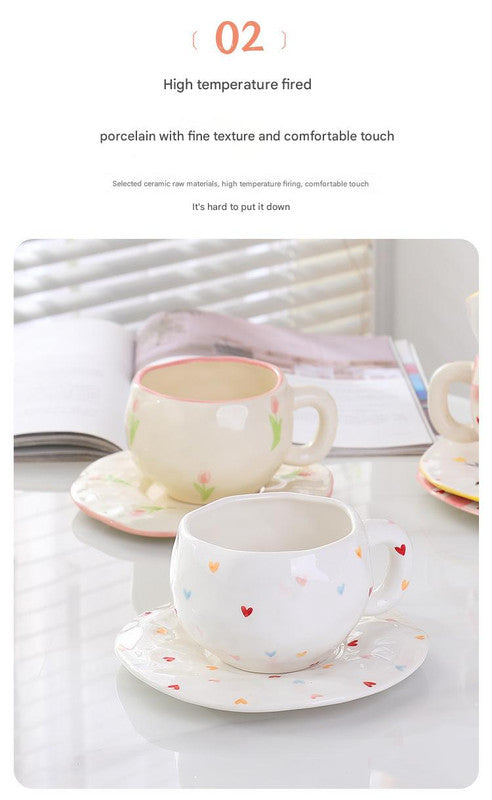 Hand-Painted Ceramic Coffee Cup and Saucer Set - Vintage Afternoon Tea(Red small floral branches) - Image 3