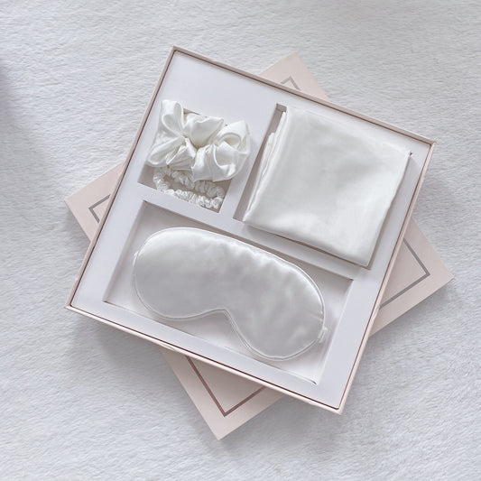 Luxury Satin Sleep Mask Gift Set,4-Piece with Pillowcase and Hair Accessories(White)
